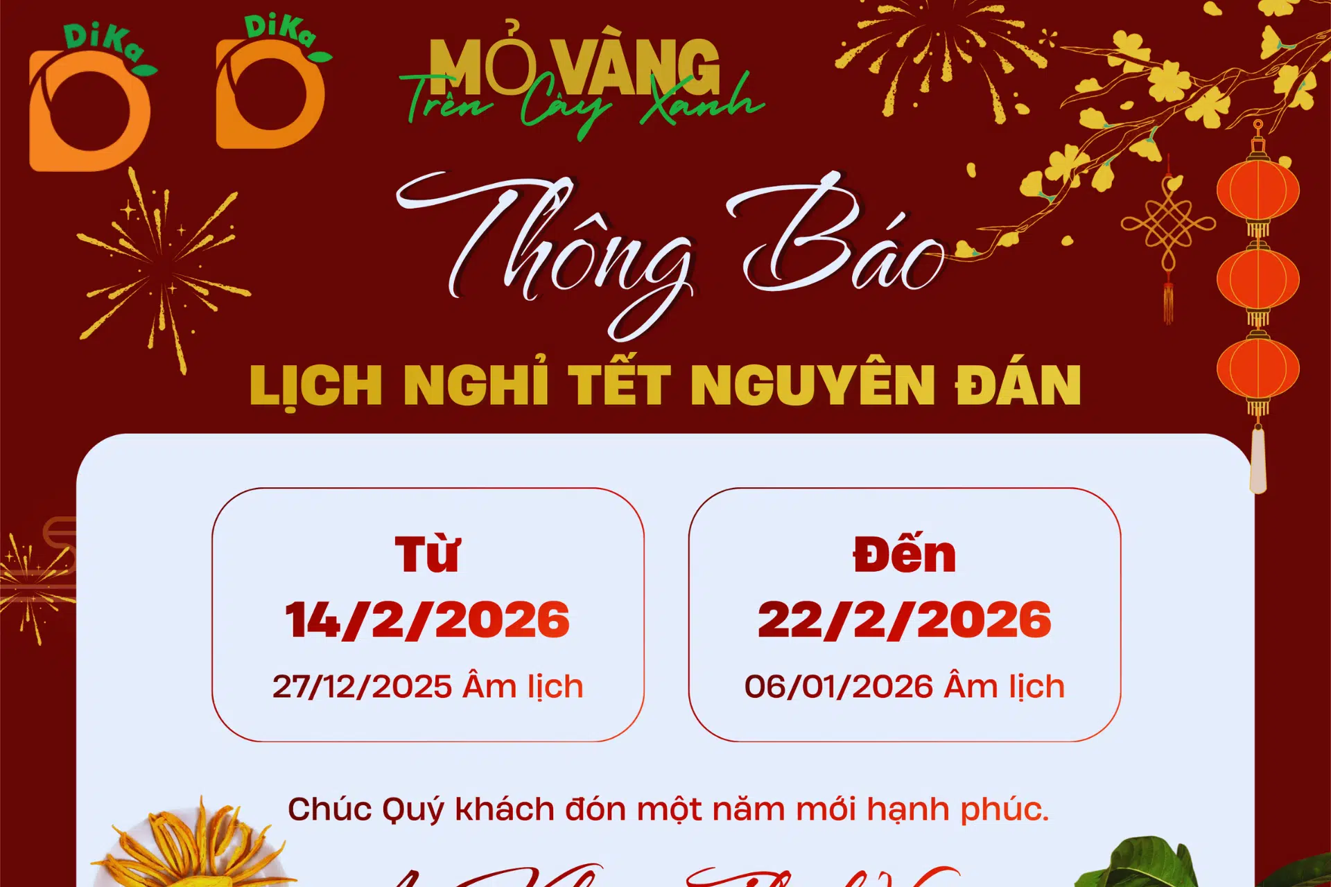 THÔNG BÁO LỊCH NGHỈ TẾT NGUYÊN ĐÁN
